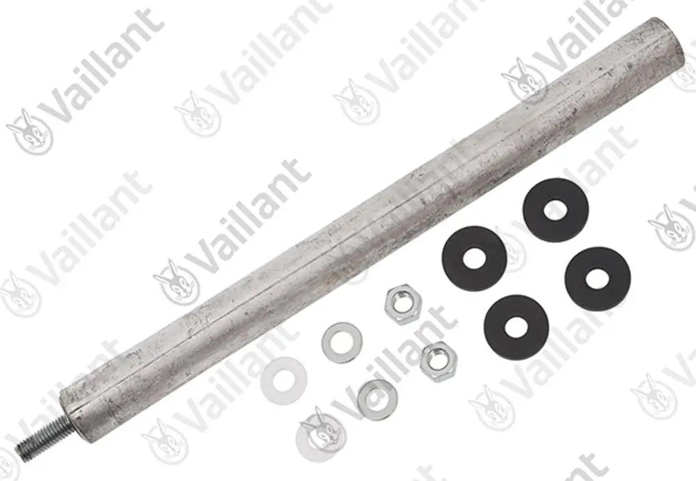 Metallstange mit Gewinde und mehreren Dichtungen sowie Unterlegscheiben, wahrscheinlich Zubehör von Vaillant für Heizungsanlagen.